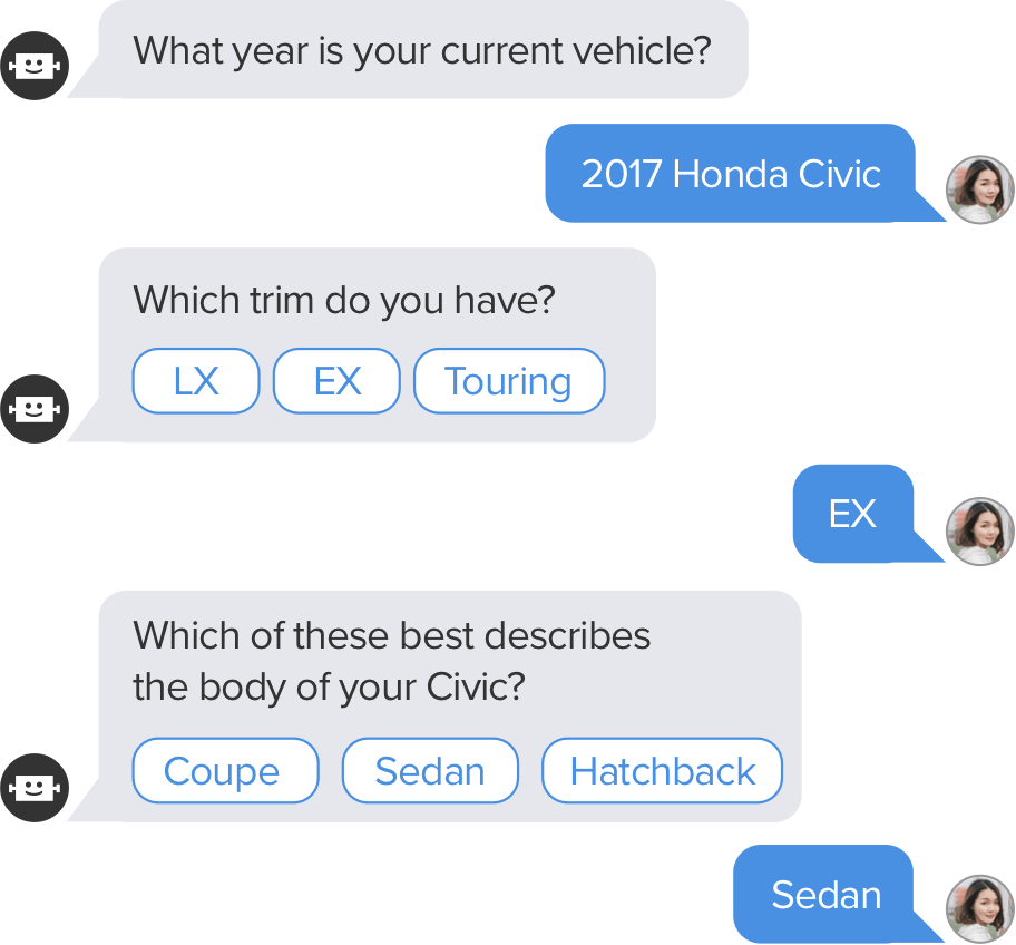 Chat bubble workflow asking questions about user's vehicle
